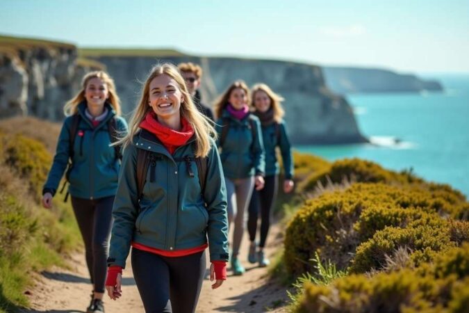 Un groupe de randonneurs sourit lors d'un voyage en Bretagne sur un sentier côtier.