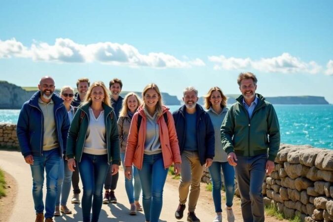 Un grand groupe d'amis marche sur un sentier lors d'un voyage en Bretagne face à l'océan.